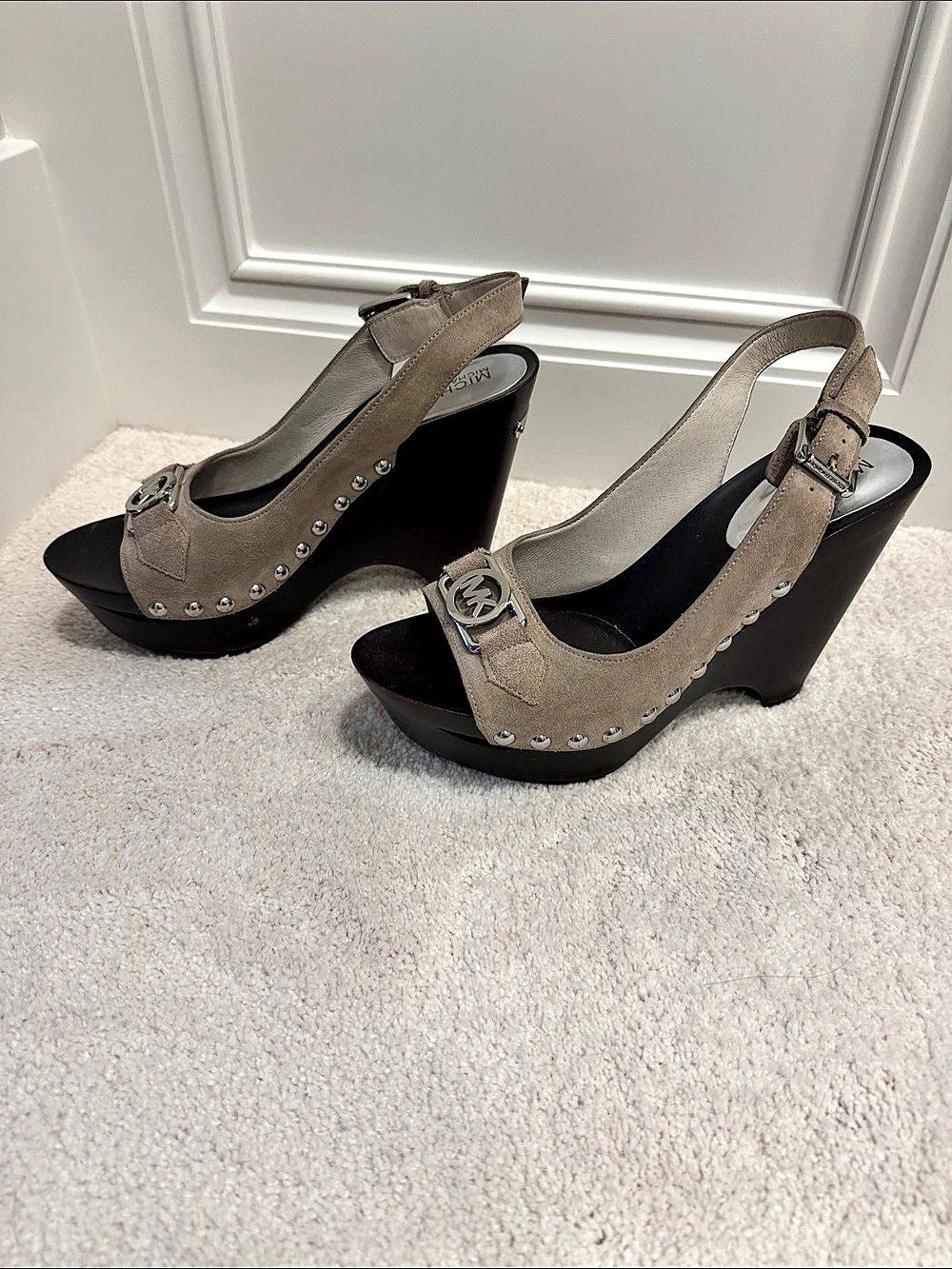 Michael Kors Raven Studded Suede Wedge Sandal Brown